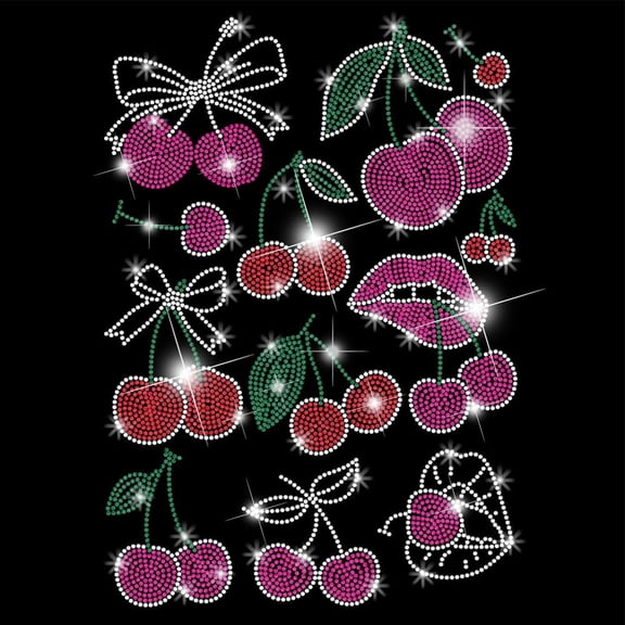 Cherry Lips Iron on Rhinestones Transfer Cherry Heat Transfer Stickers Cherry Iron on Decals Bling Rhinestone Patches for Girls T-Shirt Clothing Tote Bag Art Craft Gifts colorful DIY
