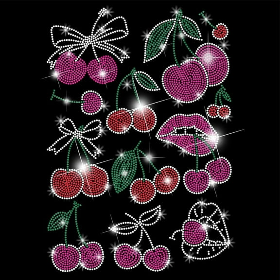 Cherry Lips Iron on Rhinestones Transfer Cherry Heat Transfer Stickers Cherry Iron on Decals Bling Rhinestone Patches for Girls T-Shirt Clothing Tote Bag DIY Art Craft Gifts