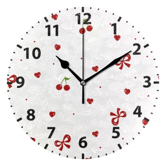 Cherry Love Bow Pattern Wall Clock 10in Round Artistic Oil Painting Home Decor Desk Table Clock