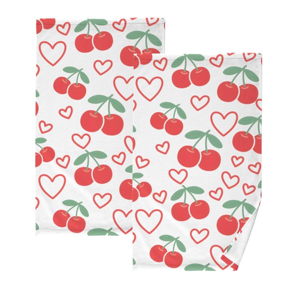 Cherry Love Pattern Cotton Towel Set Face Hand Towels 2 Pack Soft Absorbent 16x28in