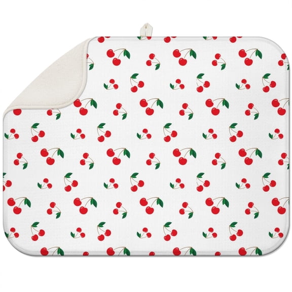 Cherry Lover Kitchen Mat – Red Cherry Fruit Print, Cute Cherry Illustration Design on Absorbent Dish Drying Pad