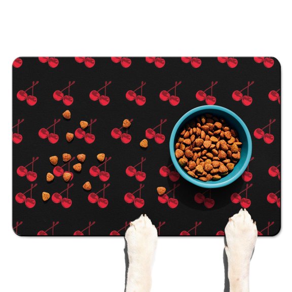 Cherry Lovers Anti-Mess Dog Mat - Large Absorbent Food Catcher with Leather-Like Surface, Artistic Fruit Print for Easy Cleaning