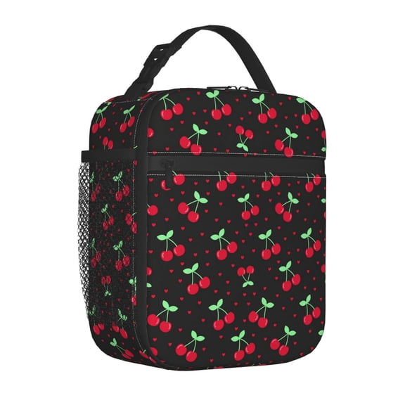 Cherry Lunch Box, Vintage Cherry Fruit Illustration Insulated Carrier, Reusable Two-Way Carry Thermal Tote, Stylish Handheld Food Bag For Adults