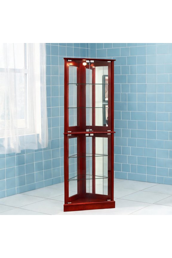 Cherry MDF Corner Curio Cabinet with Lighting and Mirrored Back Traditional Display for Collectibles