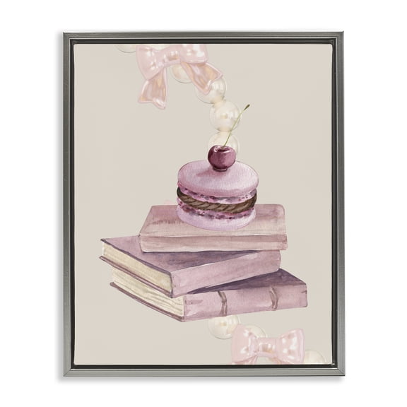 Stupell Industries Cherry Macaron on Book Stack Gray Framed Floater Canvas Wall Art, design by Jesse Keith