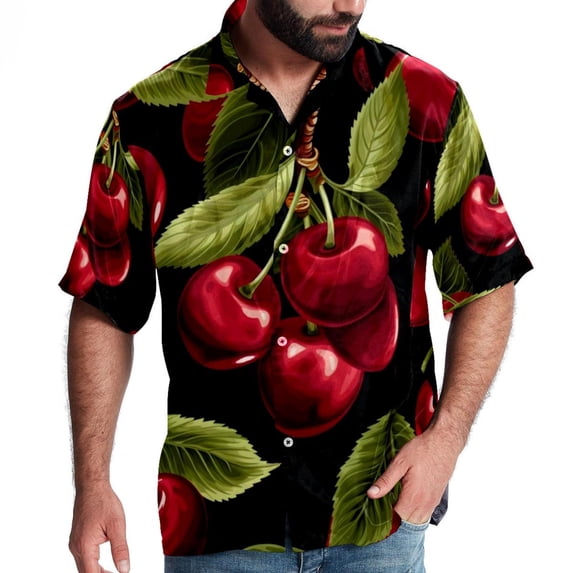 Cherry Men's Casual Hawaiian Shirts, Printed Button Down Short Sleeve Summer Beach Tops with Spread Collar - Unisex