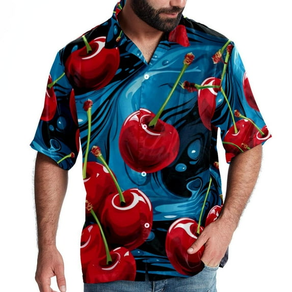 Cherry Men's Hawaiian Button Down Short Sleeve Casual Printed Summer Beach Unisex Shirt