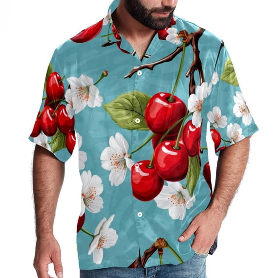 Cherry Men's Hawaiian Poplin Casual Printed Button Down Short Summer Beach Shirts, Unisex