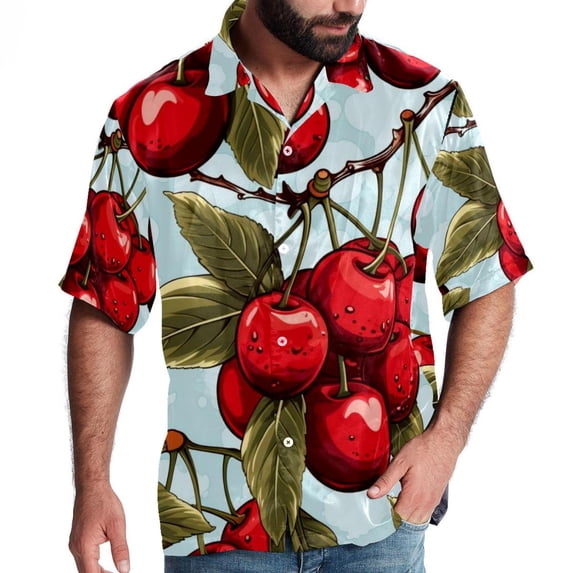 Cherry Men's Short Sleeve Button Down Poplin Hawaiian Shirt for Summer Beach, Casual Printed Unisex Style