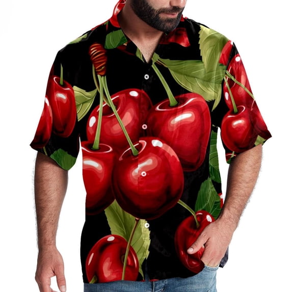 Cherry Men's Short Sleeve Poplin Shirt, Button Down Casual Summer Beach Printed Unisex Shirt