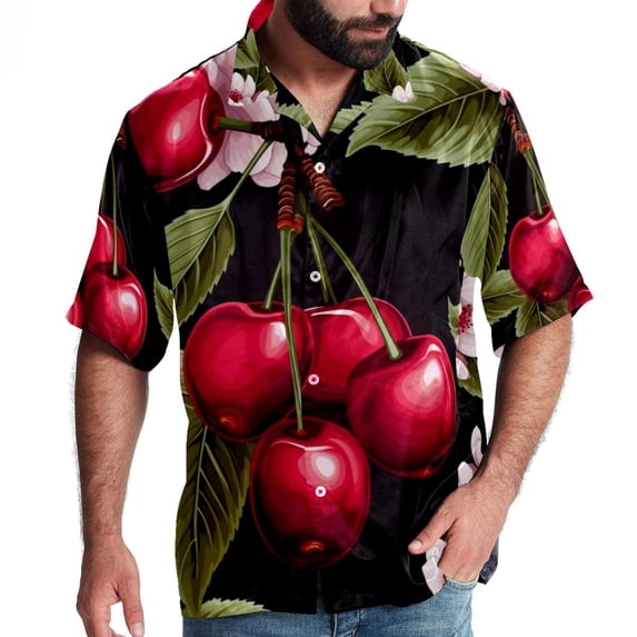 Cherry Men's Short Sleeve Poplin Shirt with Spread Collar Tops, Casual Printed Button Down, Summer Beach Shirt for Men - Unisex, Stylish Men's Shirts