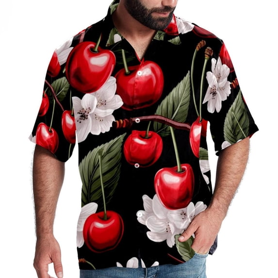 Cherry Men's Short Sleeve Spread Collar Button Down Beach Print Casual Shirts