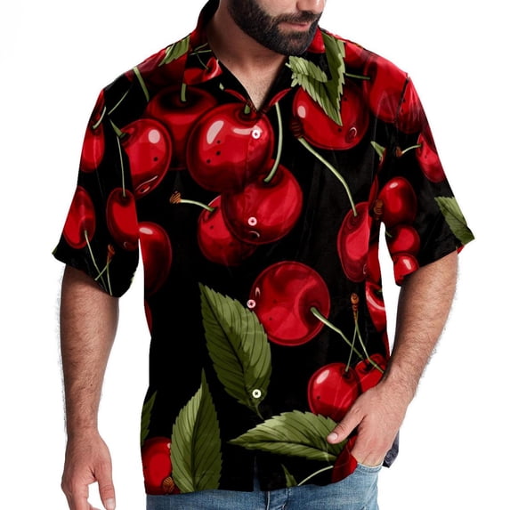 Cherry Men's Short Sleeve Spread Collar Poplin Button Down Casual Printed Summer Beach Unisex Shirts
