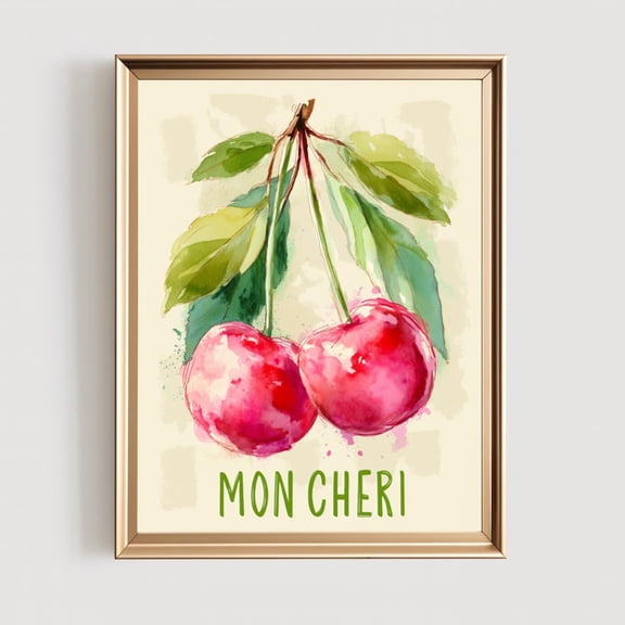 Cherry "Mon Cheri" Print French Kitchen Wall Art Poster Decor, Unframed Canvas Size 8x12 F03.1.22l1266