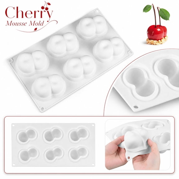 Cherry Mousse Mold, Double Cherry French Dessert Mold, 6 Cavity Cherry Cake Mold 12x7 Inch