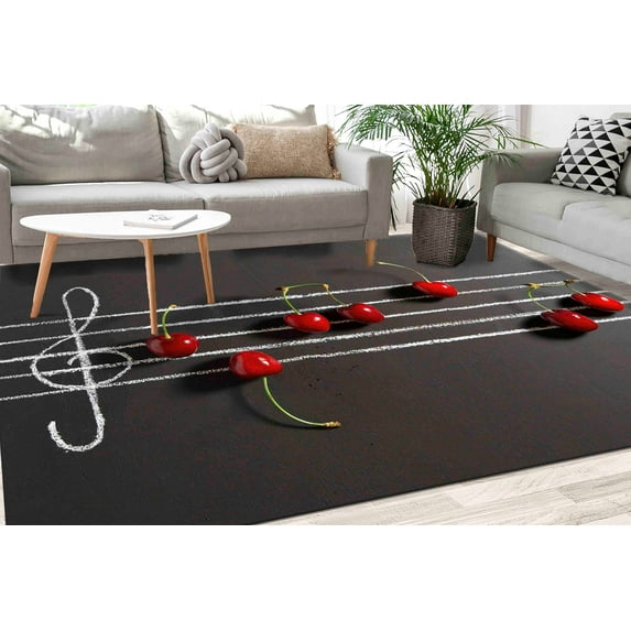 Cherry and Music Notes Rugs, Modern Rugs, Kitchen Rug, Music Rug, Wedding Rug, Cool Rug, 3D Printeds Rug, Salon Decor Rug, Gift For Him, 2'x3' - 60x90 cm