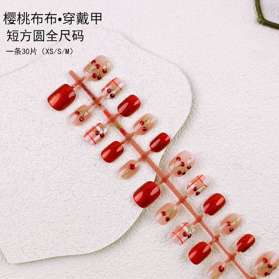 Cherry Nail Art Pieces, White Red Plaid Prefabricated Nail Pieces, 30 Pieces, Sub-code Cat's Eye Wear Nail Strips