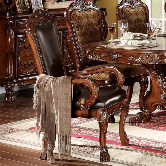 Cherry Oak Arm Chairs with Solid Back and Floral Trim (Set of 2) / Stylish for Dining Rooms