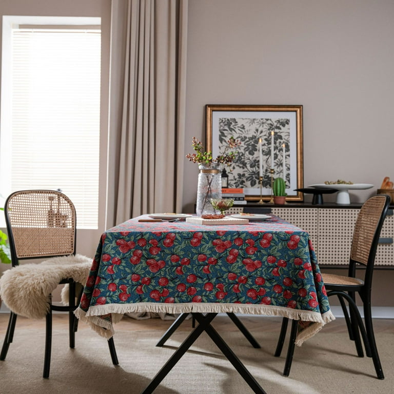 Bettery Cotton Linen Plaid Tablecloth With Tassels - 52x86 Inch, Farmhouse Rectangular Dining Table Cover