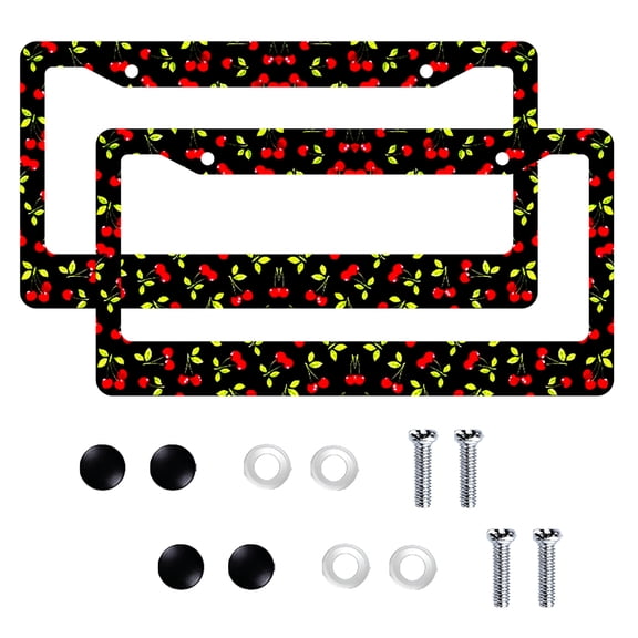 Cherry Pattern Aluminum License Plate Frame, Car Tag Cover with Mounting Hardware 2 Pack