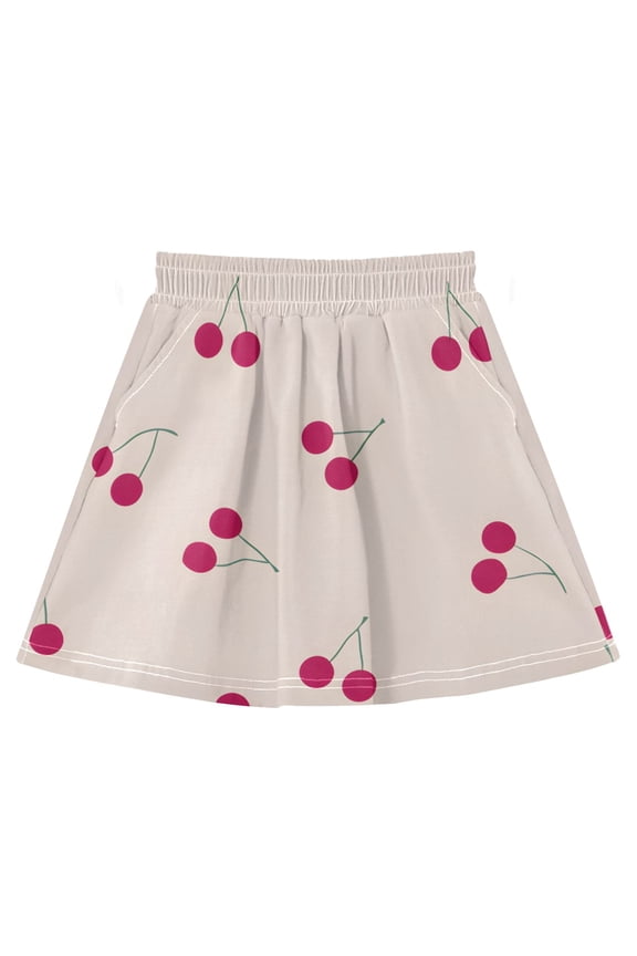 Cherry Pattern Cotton Skirt Built-in Liner Elastic A-Line Flared Skirt with Pockets