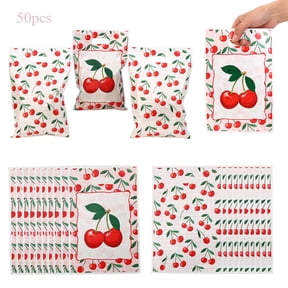 Cherry Pattern Party Favors Bags with Handles 50PCS Plastic Gift Wrap Bags for Candy/Snack/Small Items9.84 X 6.3in