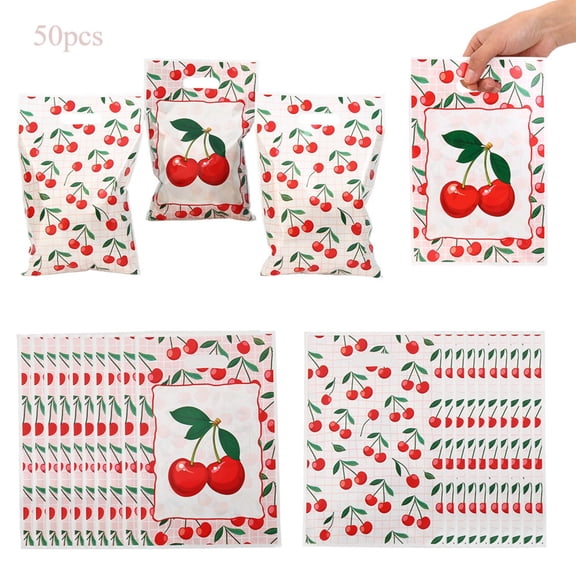 Cherry Pattern Party Favors Bags with Handles 50PCS Plastic Gift Wrap Bags for Candy/Snack/Small Items9.84 X 6.3in