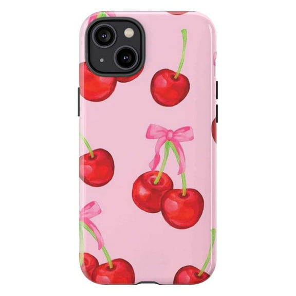 Cherry Pattern Phone Case, Cute Pink Aesthetic iPhone Cover with Red Cherries & Bow Illustration, Protective Case for iPhone 17 16 15 14 13 12 11 Pro Max Plus Mini