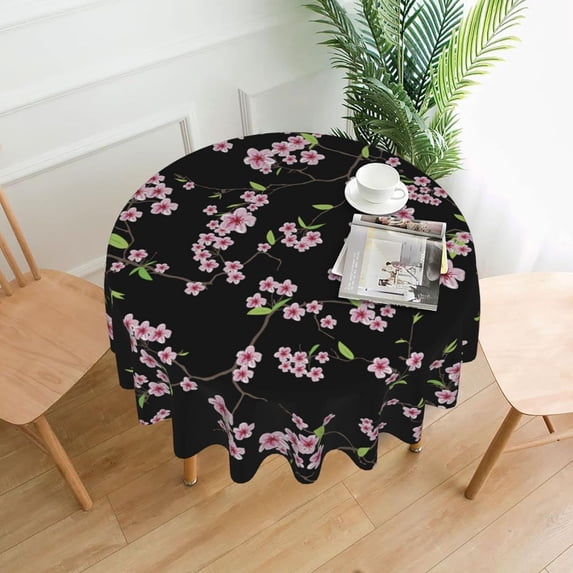 Cherry Pattern Tablecloth Round Table Cover Washable Polyester Table Cloth for Kitchen Party Picnic Dining Decor 60 Inch