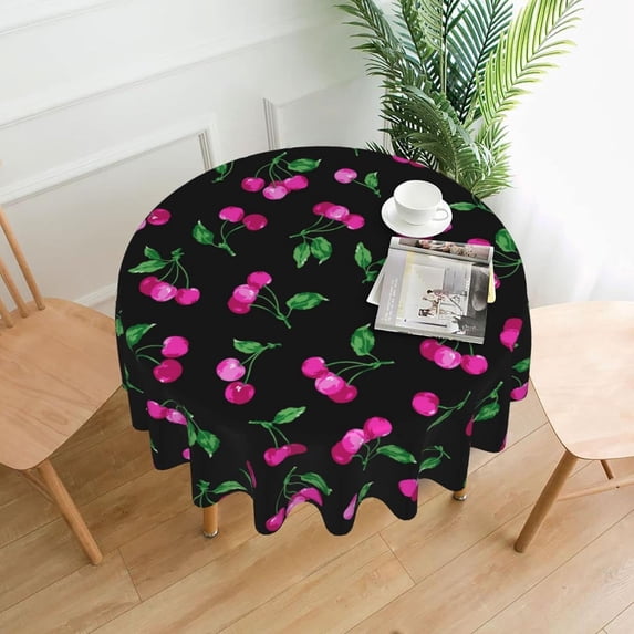 Cherry Pattern Tablecloth Round Table Cover Washable Polyester Table Cloth for Kitchen Party Picnic Dining Decor 60 Inch