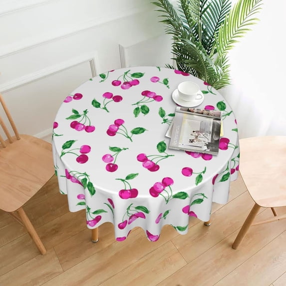 Cherry Pattern Tablecloth Round Table Cover Washable Polyester Table Cloth for Kitchen Party Picnic Dining Decor 60 Inch