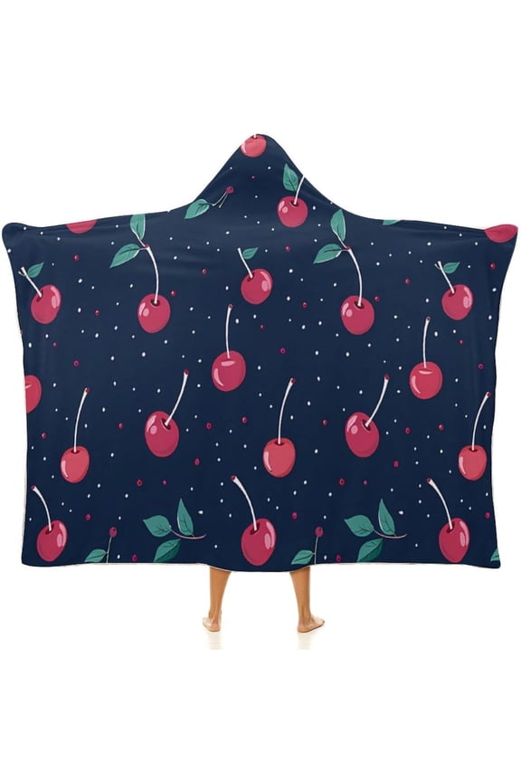 Cherry Pattern Wearable Hooded Blanket Warm Hoodie Robe Wrap Cloak Soft Throw Cape for Women Men
