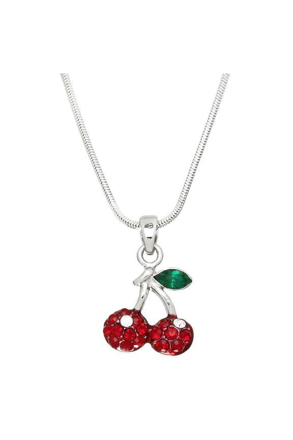Cherry Pendant Necklace, Rhinestone Crystal, Rhodium Plated, 17 Inch Snake Chain - J0341