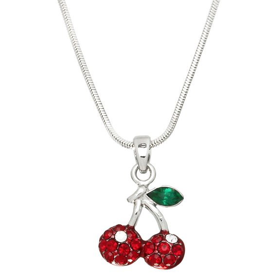 Cherry Pendant Necklace, Rhinestone Crystal, Rhodium Plated, 17 Inch Snake Chain - J0341