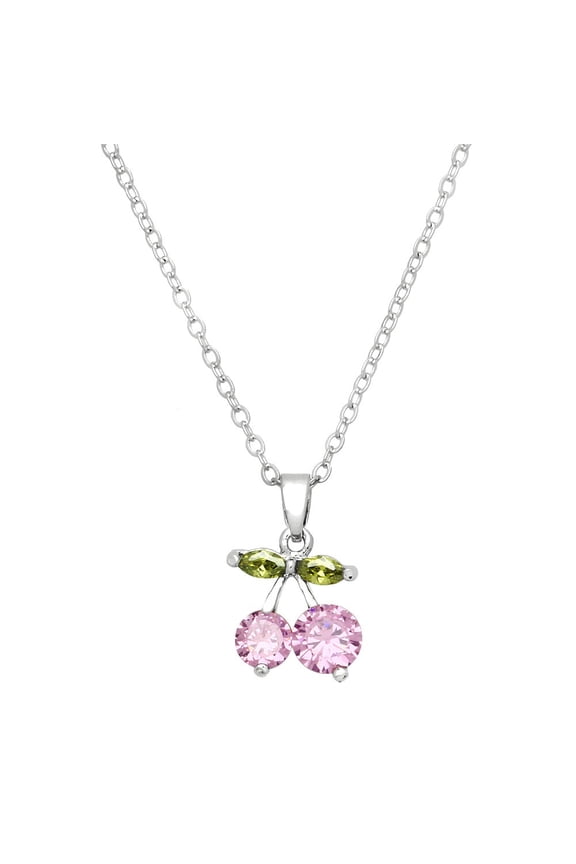 Cherry Pendant Necklace or Earring Pink Cubic Zirconia Crystal Rhodium Plated 17 Inch Link Chain J0286-PK