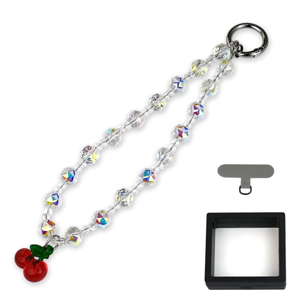 Cherry Phone Bracelet Strap,Firm Metal Wires Beaded Phone Chain Wristlet with Tether Tab Cute Cell Phone Charm for Women,Gift,Camera,Wallet,Bag(white)