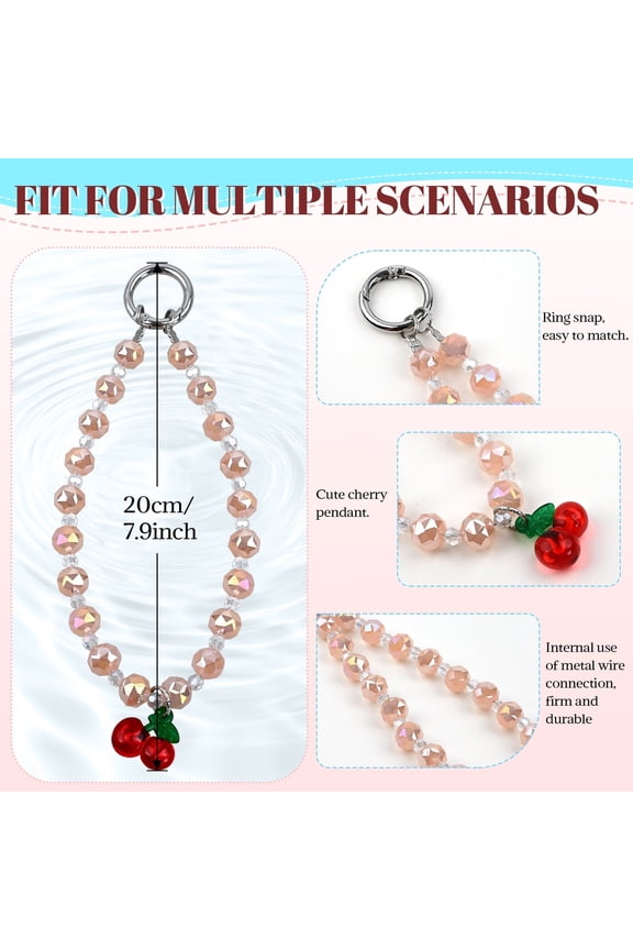Cherry Phone Bracelet Strap,Firm Metal Wires Beaded Phone Chain Wristlet with Tether Tab Cute Cell Phone Charm for Women,Camera,Wallet,Bag,Gift(pink)