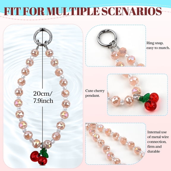 Cherry Phone Bracelet Strap,Firm Metal Wires Beaded Phone Chain Wristlet with Tether Tab Cute Cell Phone Charm for Women,Camera,Wallet,Bag,Gift(pink)