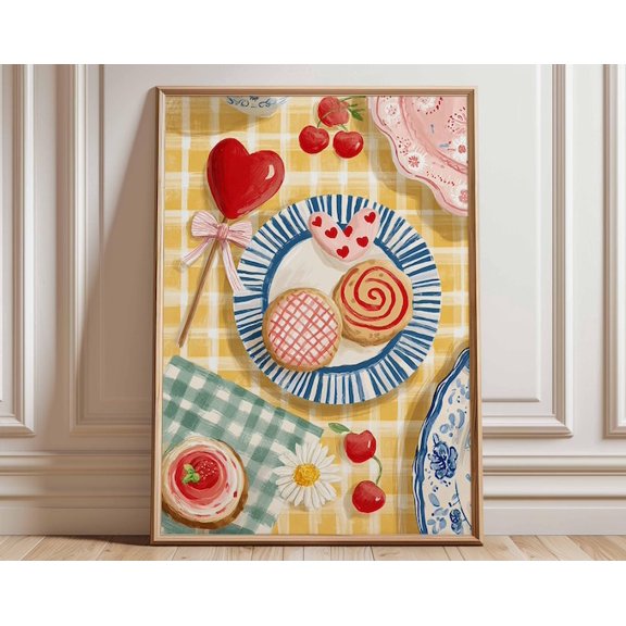Cherry Picnic Heart Cookie Wall Art Print, Unframed Paper Poster 16x20in