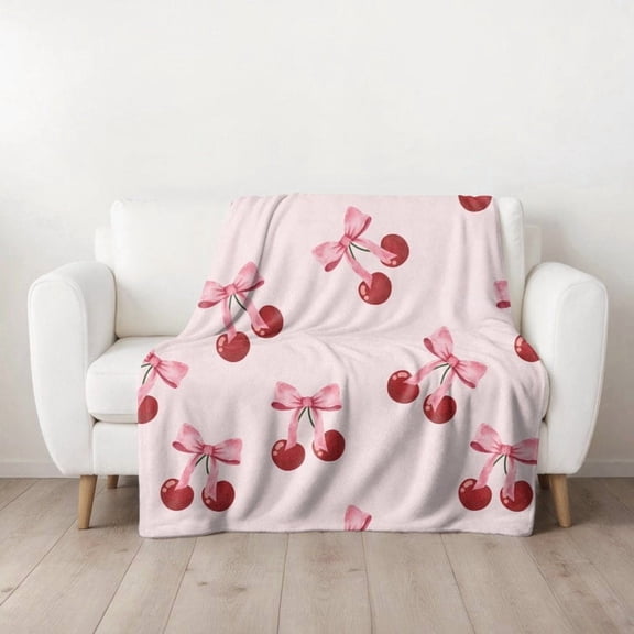 Cherry Pink Bow Blanket, Coquette Throw Blanket, Plush Blanket, Girly Décor, Cozy Blanket, Aesthetic, Pink Decor, Gift for Her, Cute Fall Gift