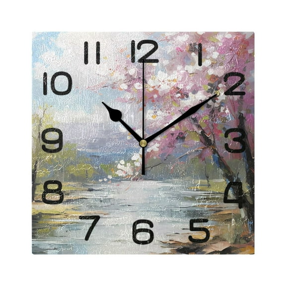 Cherry Pink Green Trees Wall Clock Square Silent Non-Ticking Battery Operated Retro 7.78" Clock Home Kitchen Office Decoration