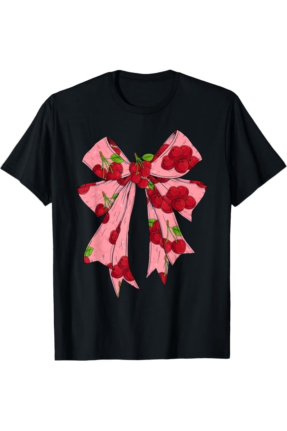 Cherry Pink Red Coquette Bow for Women Cherries Fruit T-Shirt Tops Tee