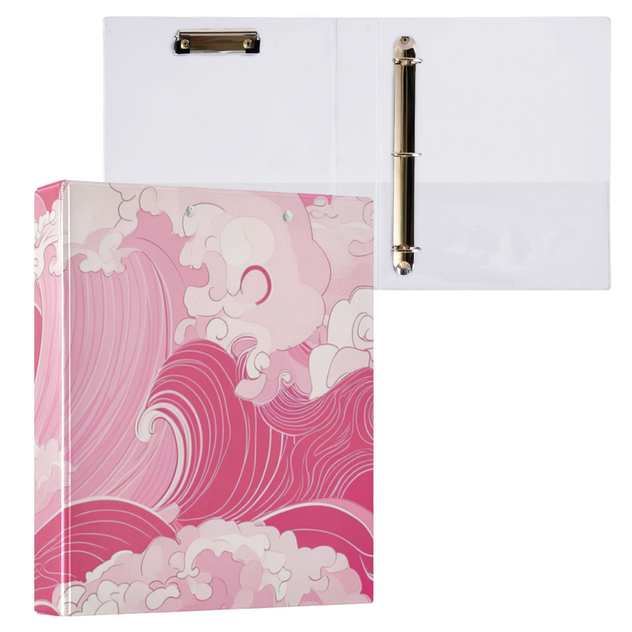 Cherry Pink Waves 3 Ring Binders 1.5 inch Hardcover File Folders with Interior Pockets A4 Size Organizer for School Office Hospital
