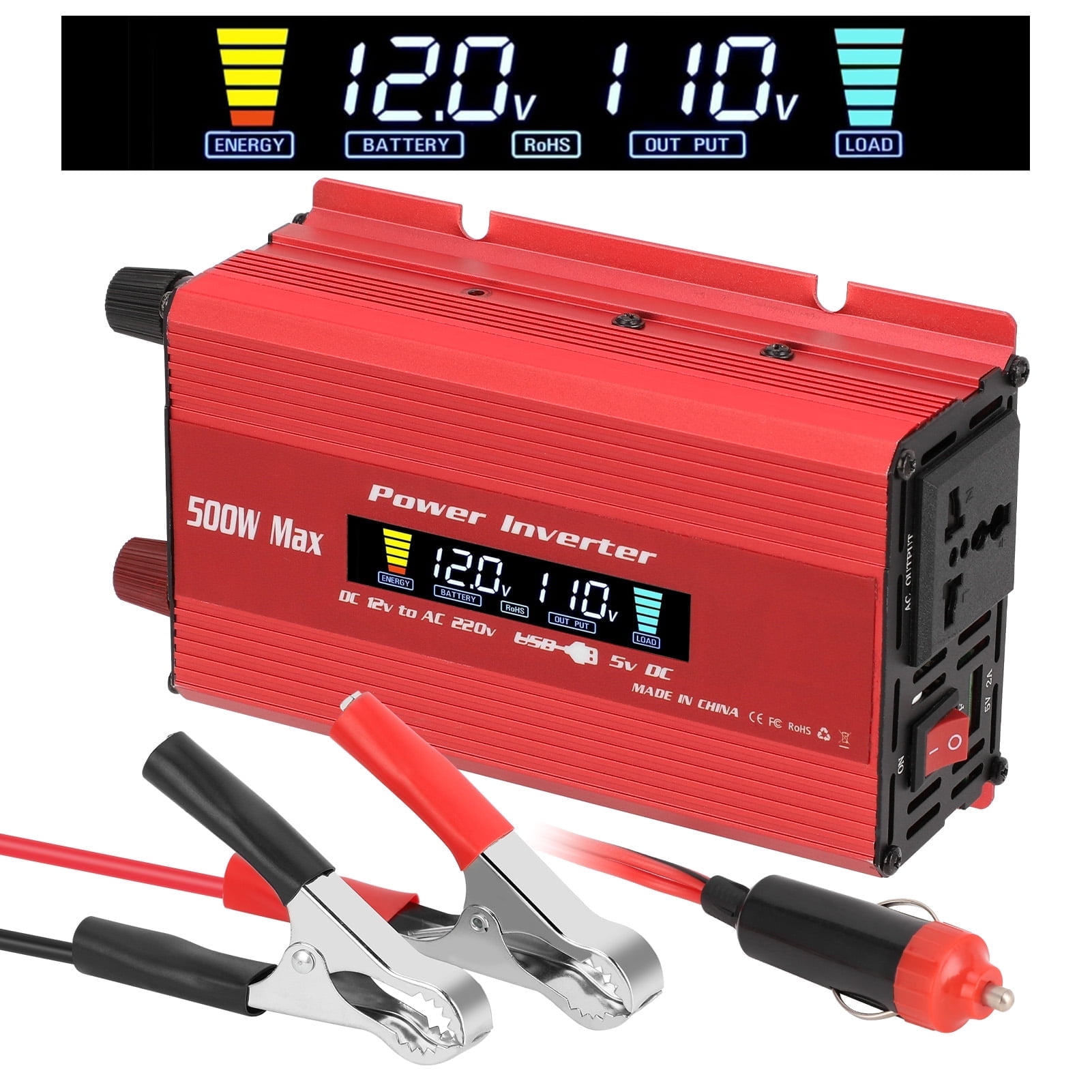 500 Watts Pure Sine Wave Power Inverter for Vehicles, Converter DC 12v to AC 110V Car Inverter with USB Port and LCD Screen