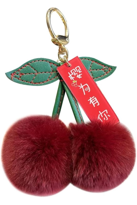 Cherry Plush Pom Pom Keychain Cute Fuzzy Fruit Bag Charm, Purse & Car Accessory