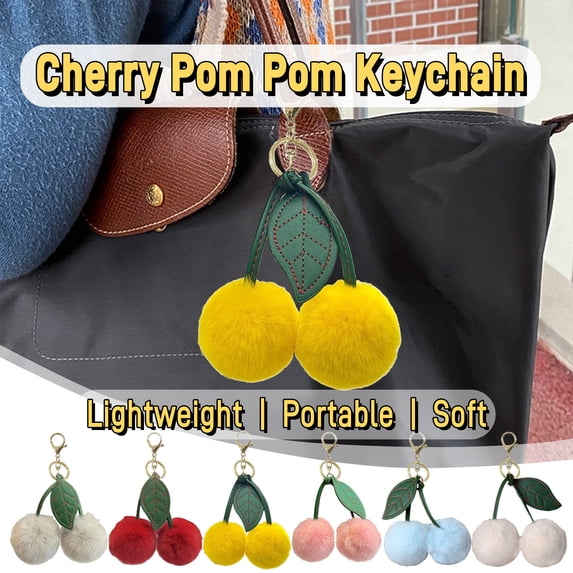 Cherry Pom Pom Keychain, Soft Faux Rabbit Fur Furry Cherry Pendant, Women Bags Backpack Decor Car Rearview Mirror Hanging Accessories Couple Gifts Top Preaent Choice by HAODEJW