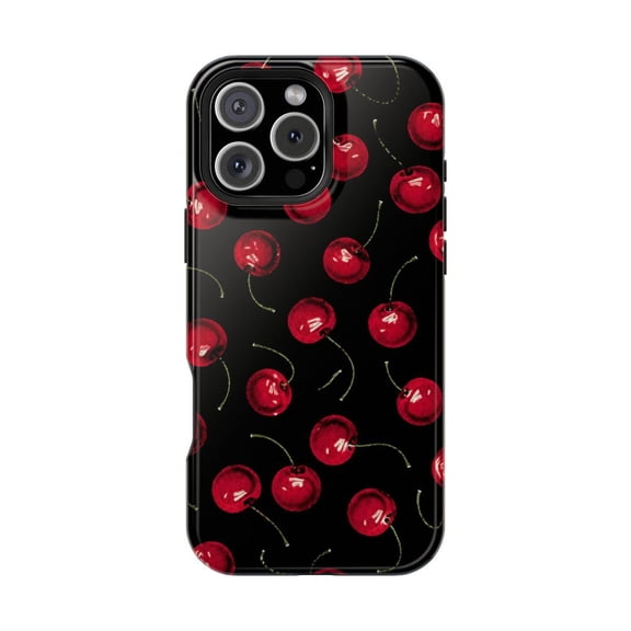 Cherry Pop Noir Magnetic Tough Phone Case, Cute Fruit Dual Layer Cover with Dark Aesthetic Style Compatible with iPhone 13 Pro Max