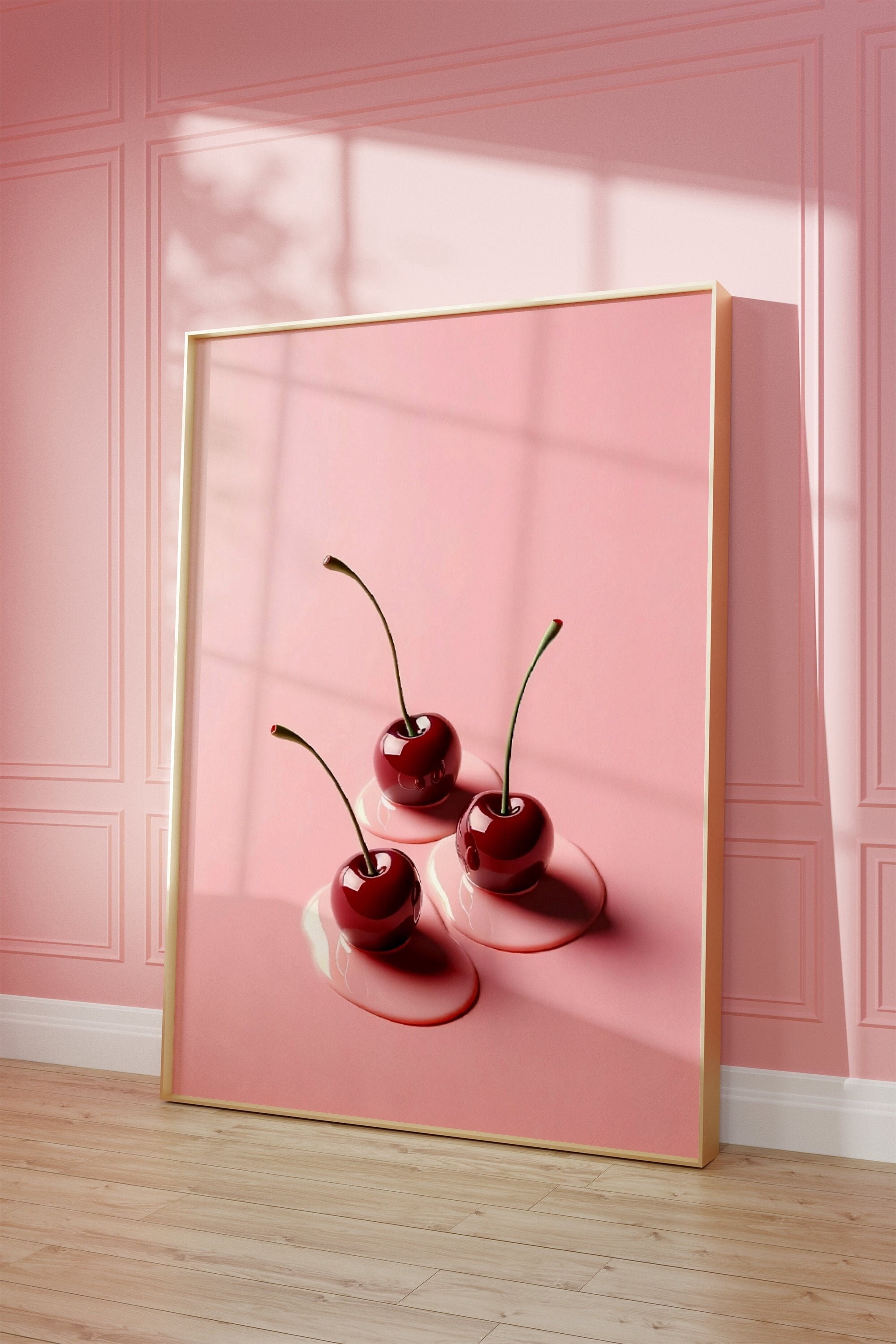 Retro Graphics Pink Cherry Poster Cherry Print Retro Wall Art Artwork Chic Retro Art Pink ...