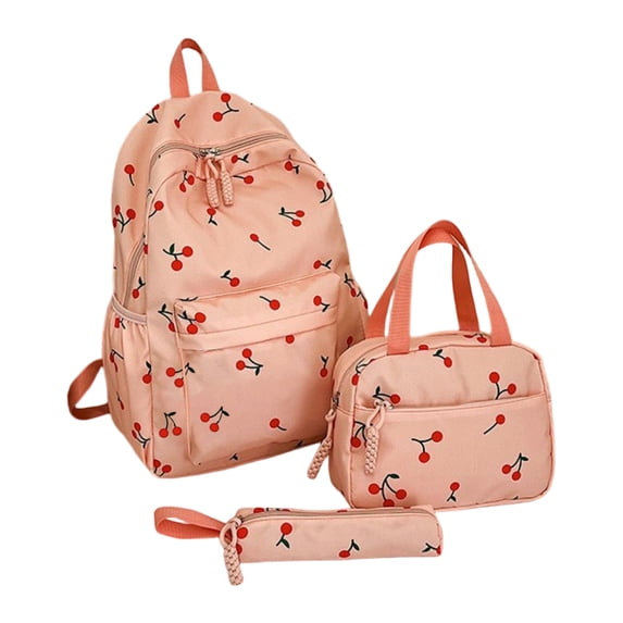 Cherry Print Backpack 3-Piece Set for Students - 16.5-Inch Large Capacity School Bag with Matching Lunch Bag & Pencil Case, Cute Floral Travel Rucksack Moonsky Pink