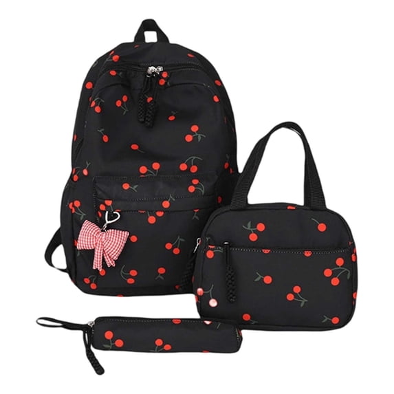 Cherry Print Backpack Set 3 in 1 Lightweight Multi‑Compartment Casual Daypack with Insulated Lunch Tote & Pouch Storage Backpack with Bow Pendant for Daily Commute Travel Casual Outings